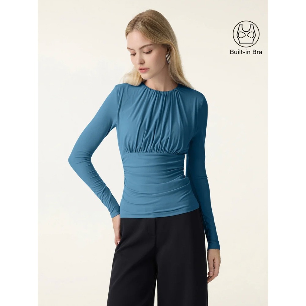 OGL Eco-SkinKiss Round Neck All-over Ruching Bra Top Teal Small NWT - Picture 1 of 6
